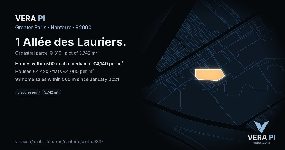 1 Allée des Lauriers, Nanterre at night – the plot lit, the parcels around coloured by the prices near them