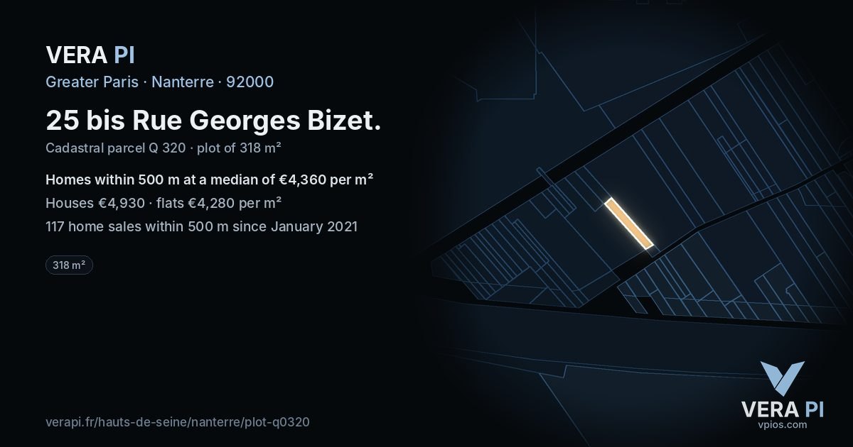 25 bis Rue Georges Bizet, Nanterre at night – the plot lit, the parcels around coloured by the prices near them