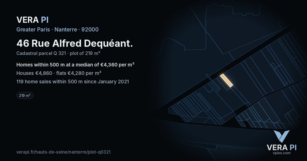 46 Rue Alfred Dequéant, Nanterre at night – the plot lit, the parcels around coloured by the prices near them
