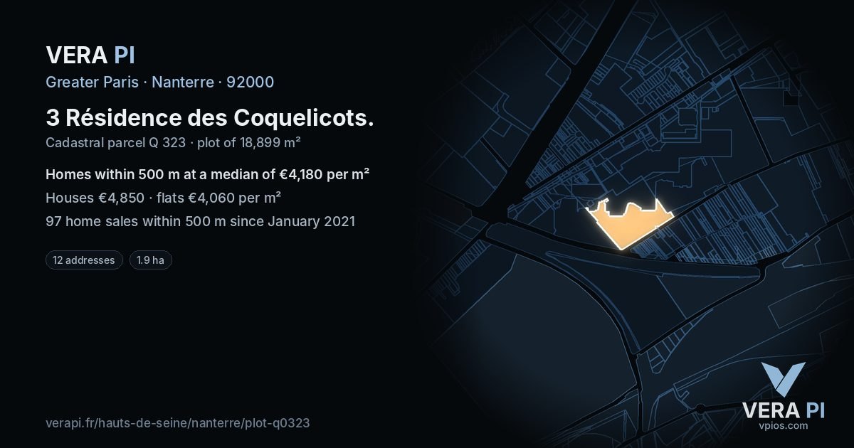 3 Résidence des Coquelicots, Nanterre at night – the plot lit, the parcels around coloured by the prices near them