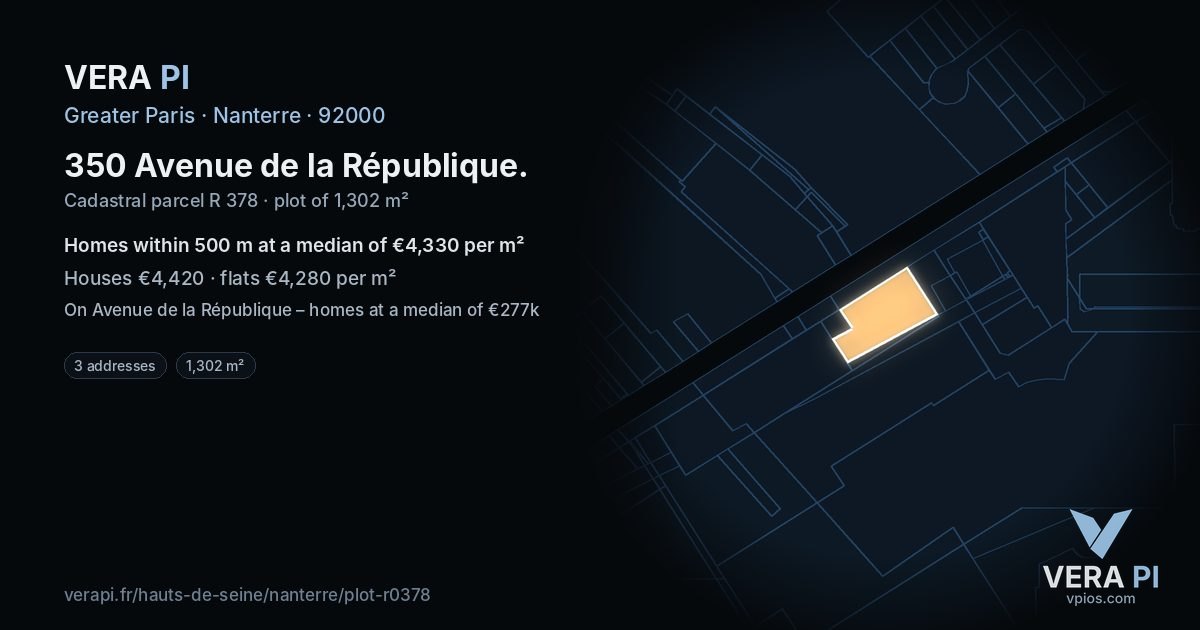 350 Avenue de la République, Nanterre at night – the plot lit, the parcels around coloured by the prices near them