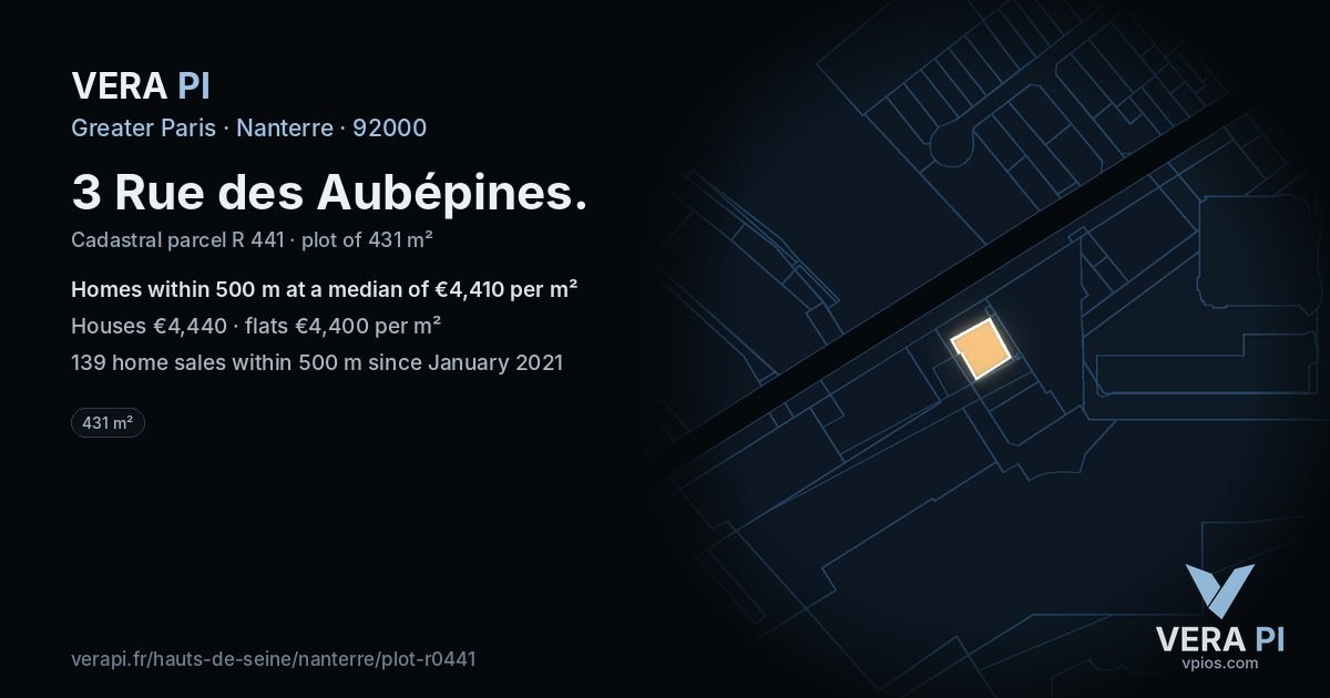 3 Rue des Aubépines, Nanterre at night – the plot lit, the parcels around coloured by the prices near them