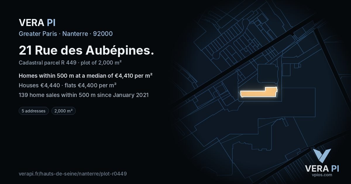 21 Rue des Aubépines, Nanterre at night – the plot lit, the parcels around coloured by the prices near them