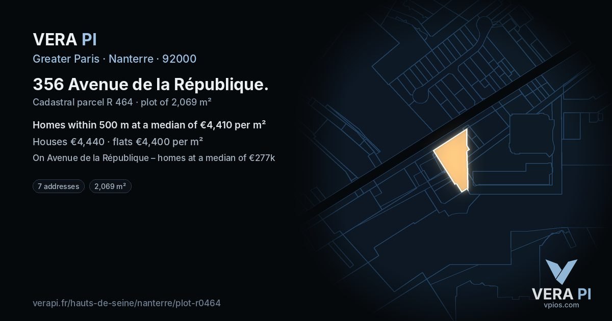356 Avenue de la République, Nanterre at night – the plot lit, the parcels around coloured by the prices near them