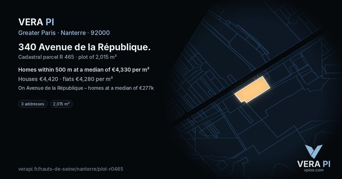 340 Avenue de la République, Nanterre at night – the plot lit, the parcels around coloured by the prices near them