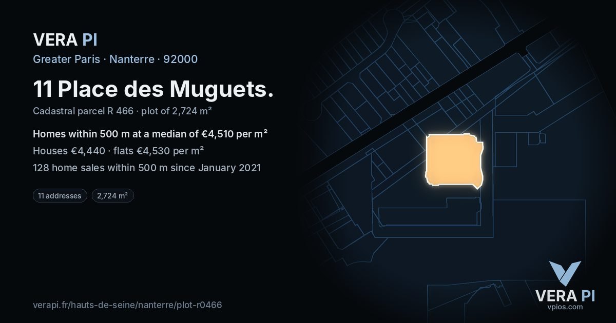 11 Place des Muguets, Nanterre at night – the plot lit, the parcels around coloured by the prices near them