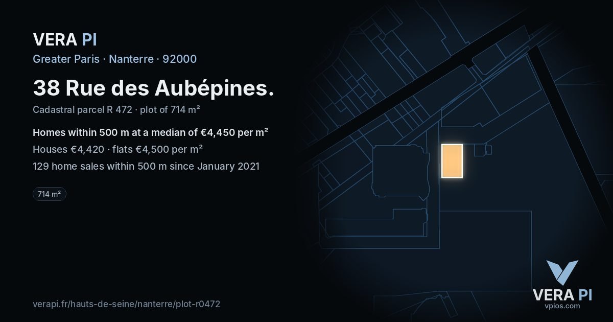 38 Rue des Aubépines, Nanterre at night – the plot lit, the parcels around coloured by the prices near them