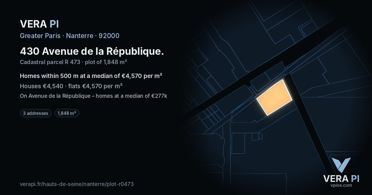 430 Avenue de la République, Nanterre at night – the plot lit, the parcels around coloured by the prices near them