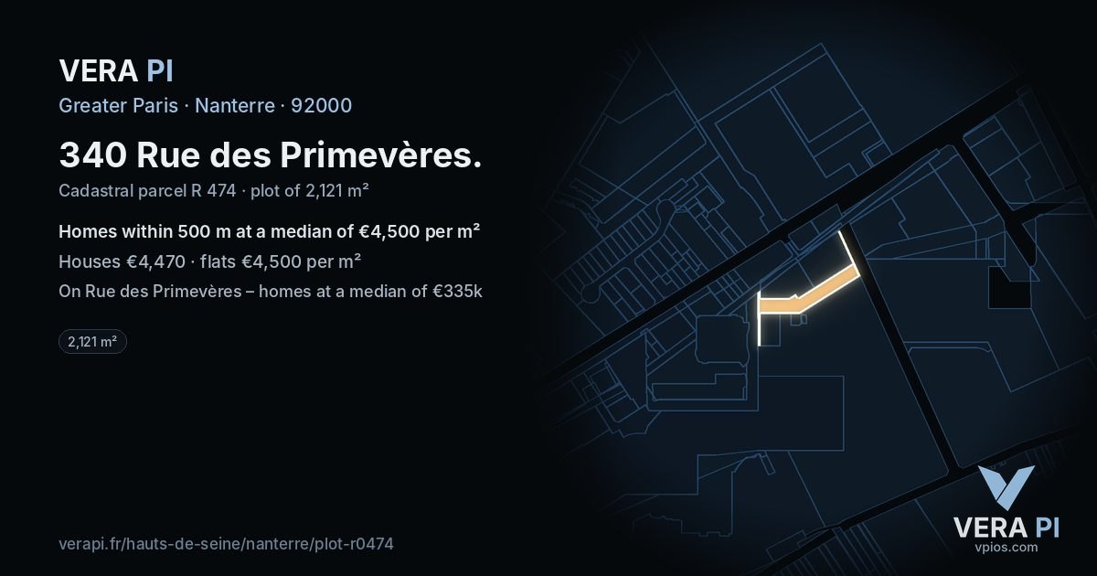 340 Rue des Primevères, Nanterre at night – the plot lit, the parcels around coloured by the prices near them
