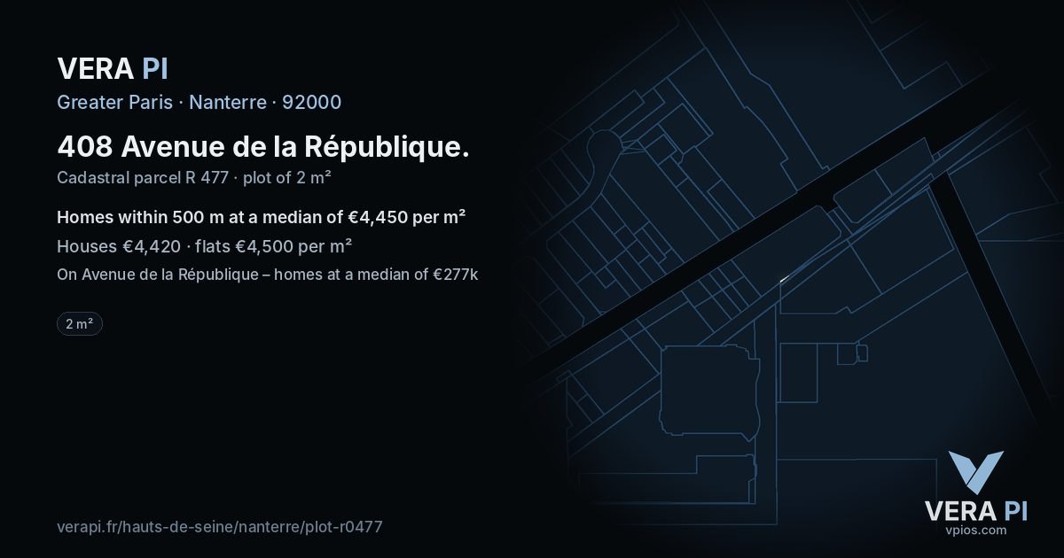 408 Avenue de la République, Nanterre at night – the plot lit, the parcels around coloured by the prices near them