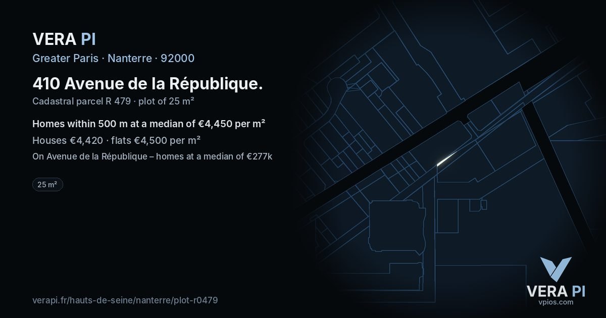 410 Avenue de la République, Nanterre at night – the plot lit, the parcels around coloured by the prices near them