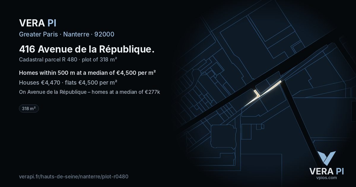 416 Avenue de la République, Nanterre at night – the plot lit, the parcels around coloured by the prices near them
