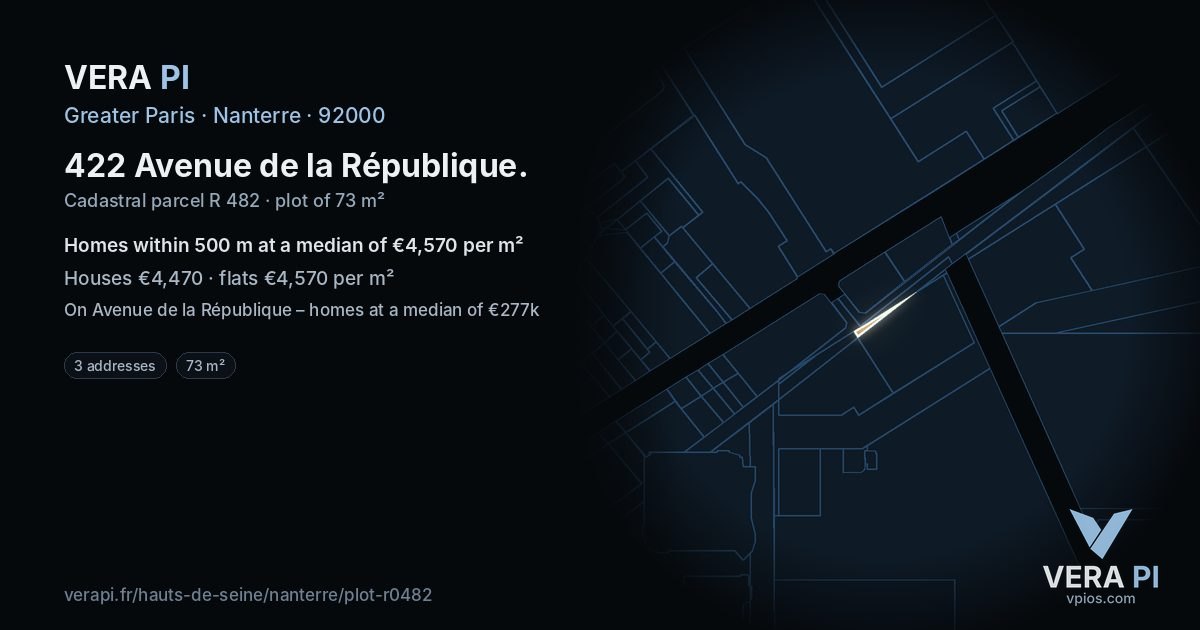 422 Avenue de la République, Nanterre at night – the plot lit, the parcels around coloured by the prices near them