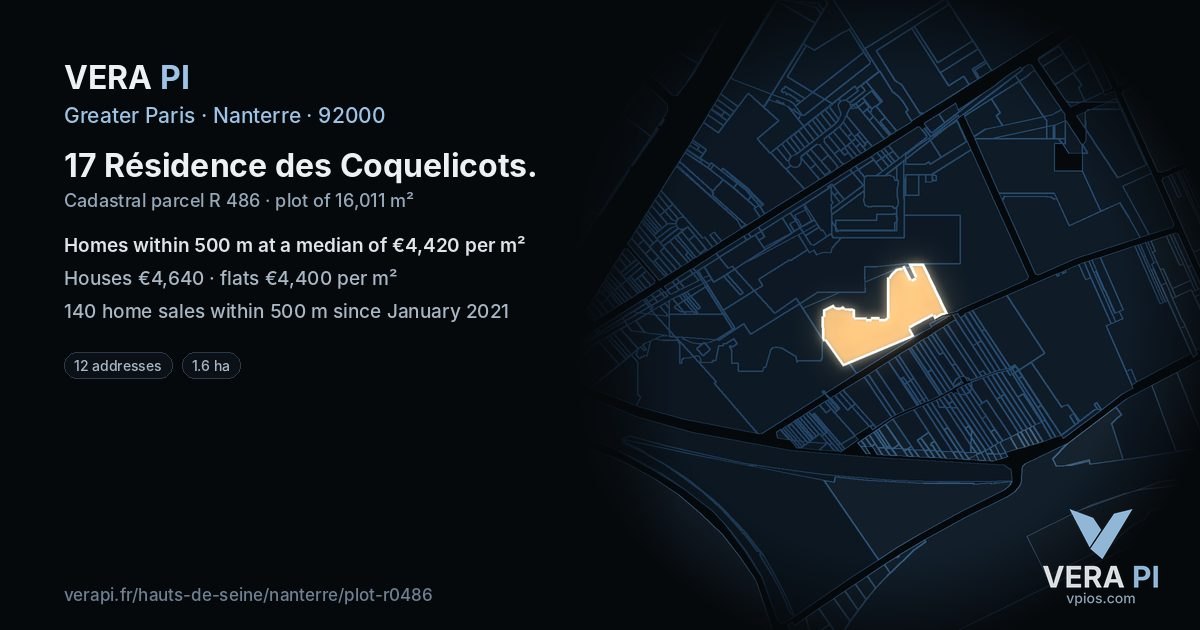 17 Résidence des Coquelicots, Nanterre at night – the plot lit, the parcels around coloured by the prices near them