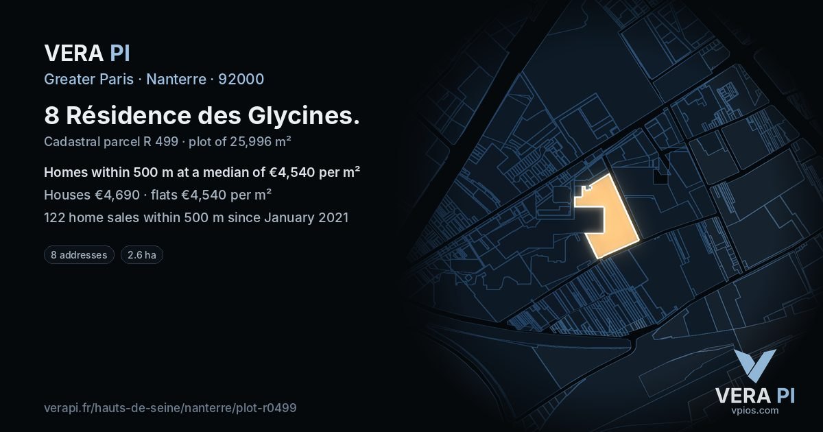 8 Résidence des Glycines, Nanterre at night – the plot lit, the parcels around coloured by the prices near them