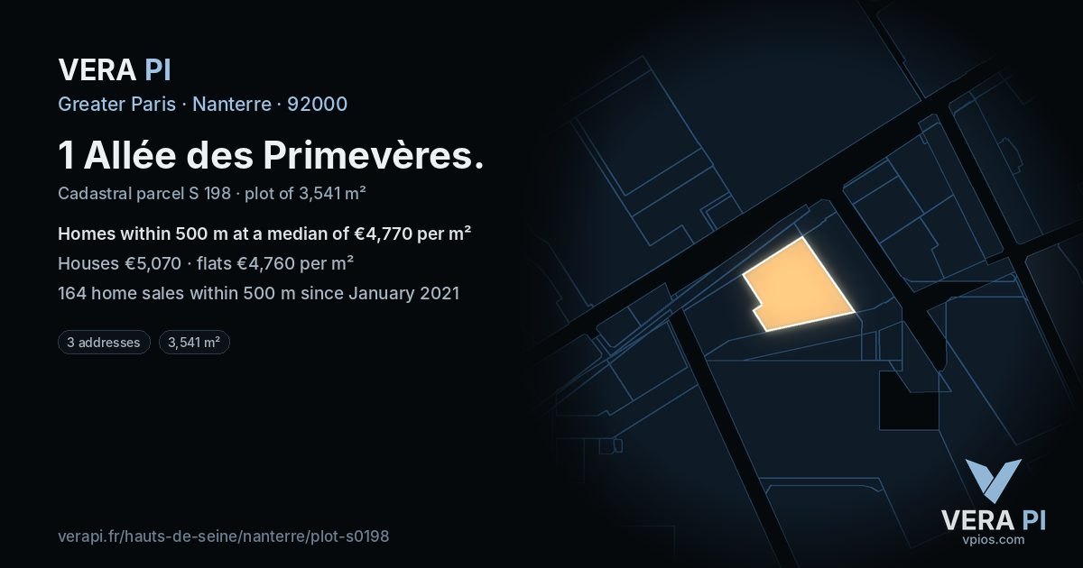 1 Allée des Primevères, Nanterre at night – the plot lit, the parcels around coloured by the prices near them