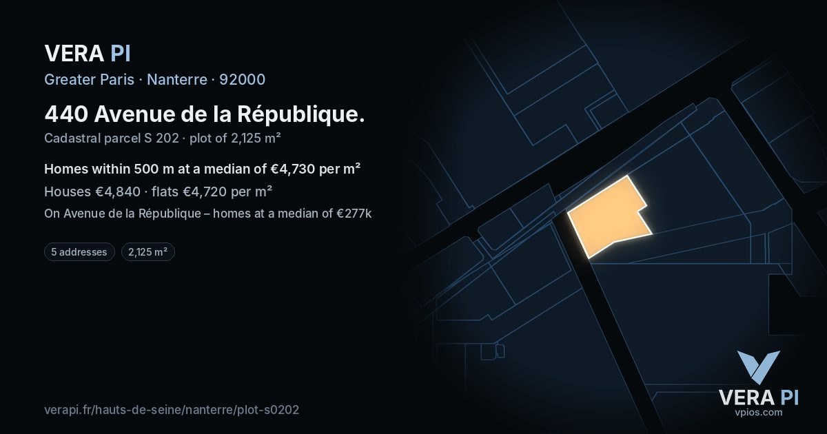 440 Avenue de la République, Nanterre at night – the plot lit, the parcels around coloured by the prices near them