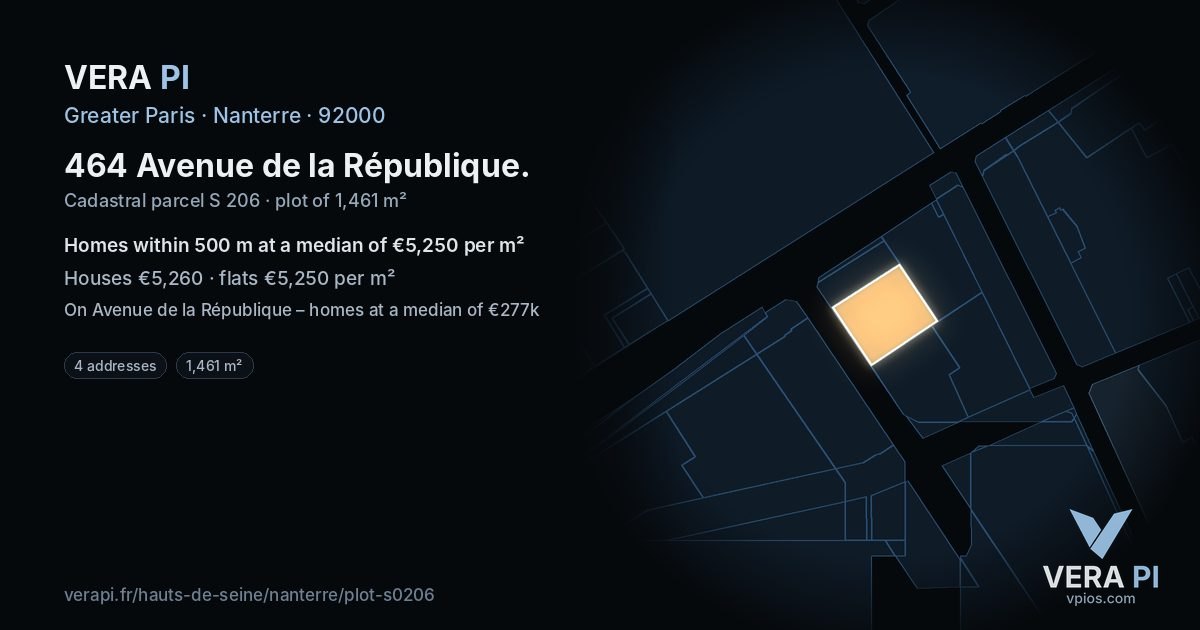 464 Avenue de la République, Nanterre at night – the plot lit, the parcels around coloured by the prices near them