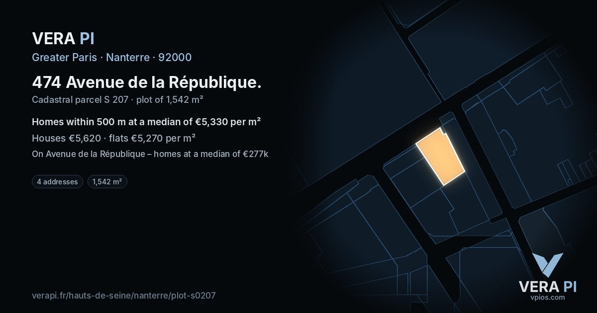 474 Avenue de la République, Nanterre at night – the plot lit, the parcels around coloured by the prices near them