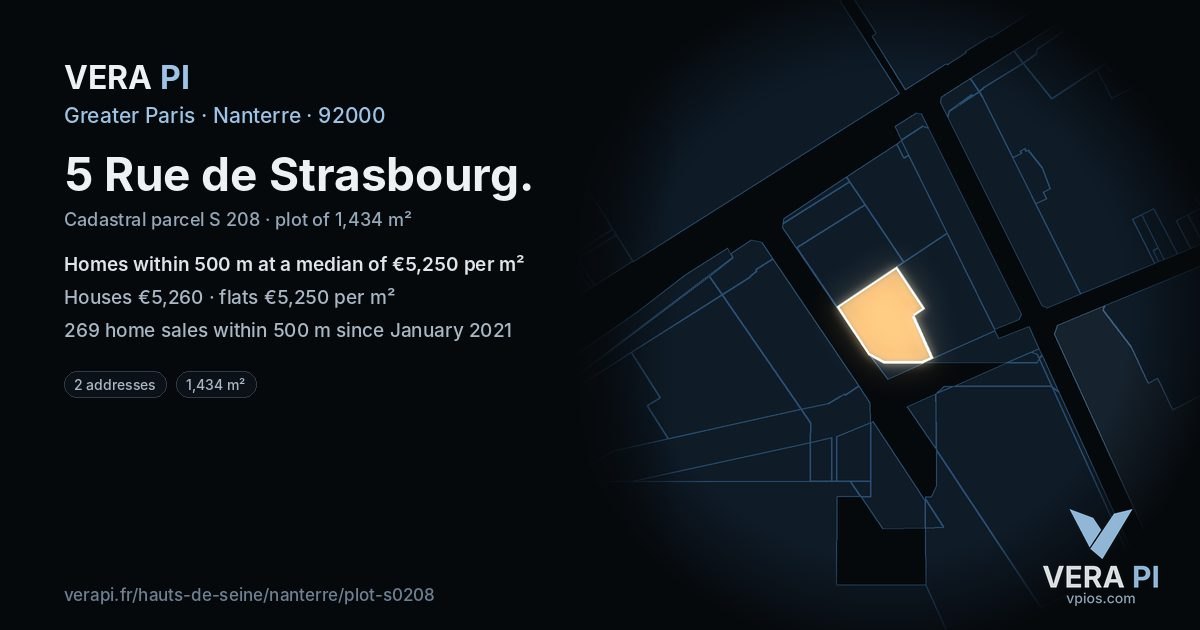 5 Rue de Strasbourg, Nanterre at night – the plot lit, the parcels around coloured by the prices near them