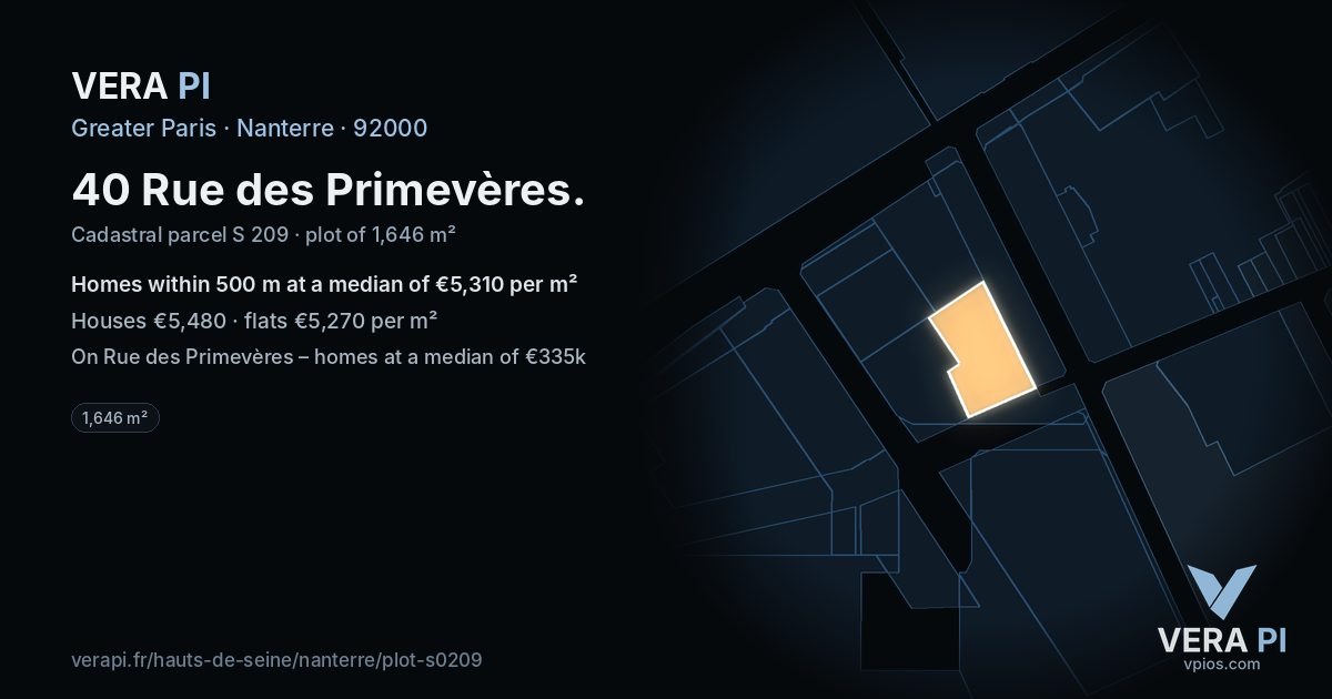 40 Rue des Primevères, Nanterre at night – the plot lit, the parcels around coloured by the prices near them