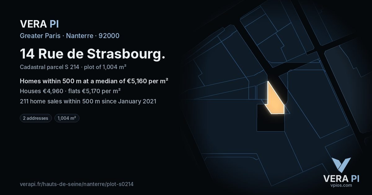14 Rue de Strasbourg, Nanterre at night – the plot lit, the parcels around coloured by the prices near them
