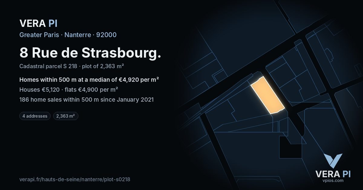 8 Rue de Strasbourg, Nanterre at night – the plot lit, the parcels around coloured by the prices near them