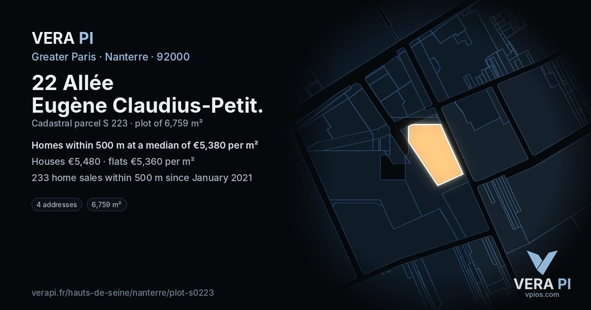 22 Allée Eugène Claudius-Petit, Nanterre at night – the plot lit, the parcels around coloured by the prices near them