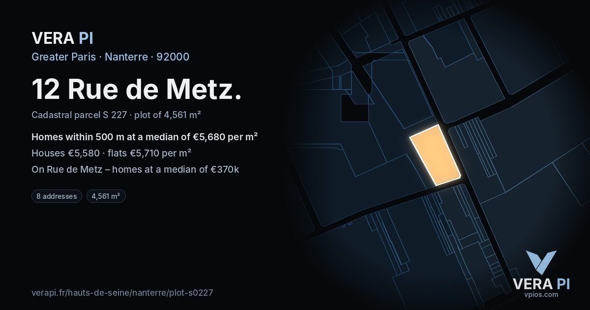12 Rue de Metz, Nanterre at night – the plot lit, the parcels around coloured by the prices near them