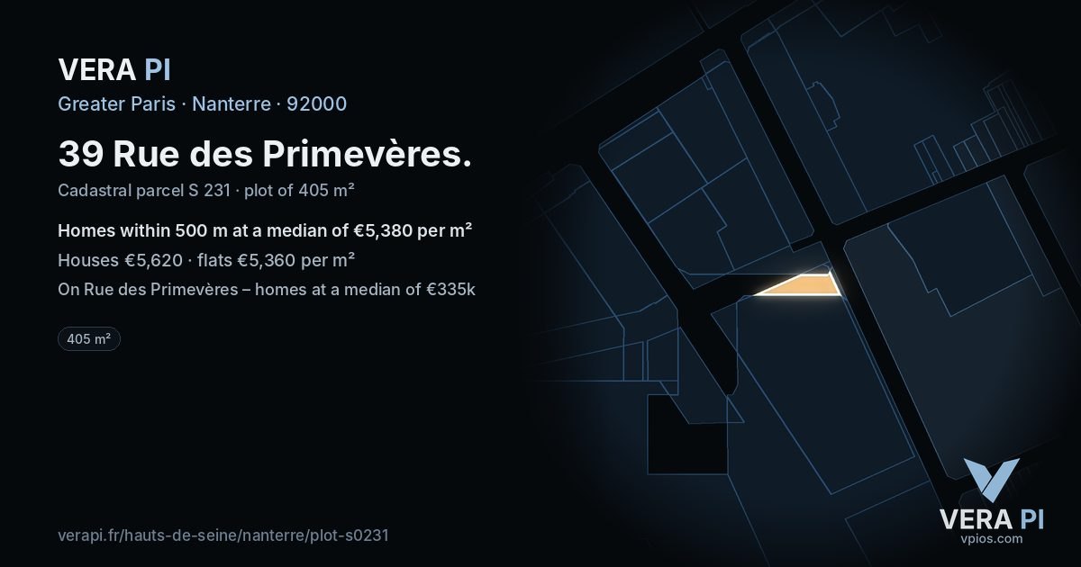 39 Rue des Primevères, Nanterre at night – the plot lit, the parcels around coloured by the prices near them