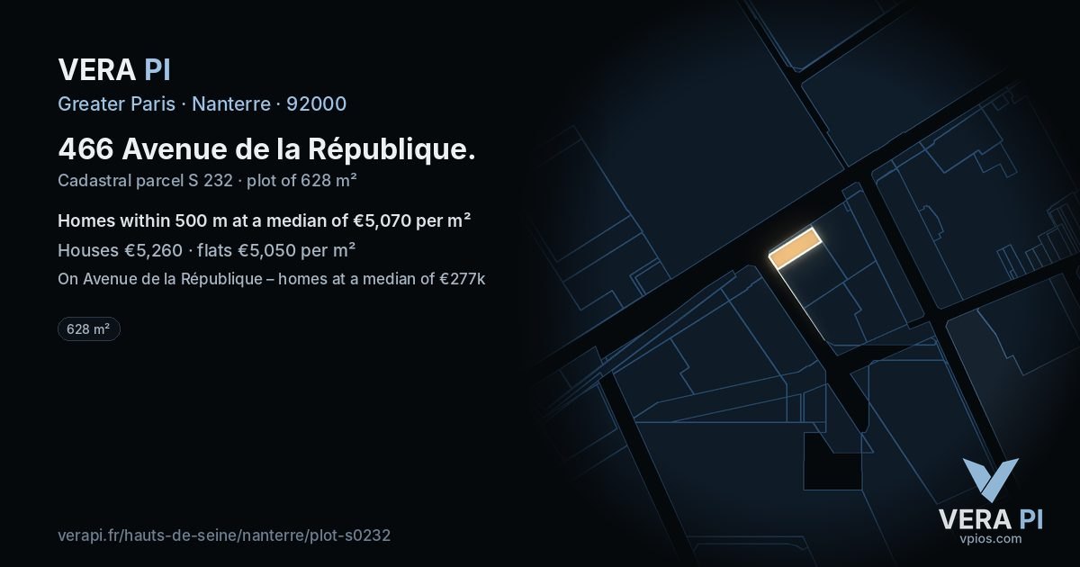 466 Avenue de la République, Nanterre at night – the plot lit, the parcels around coloured by the prices near them