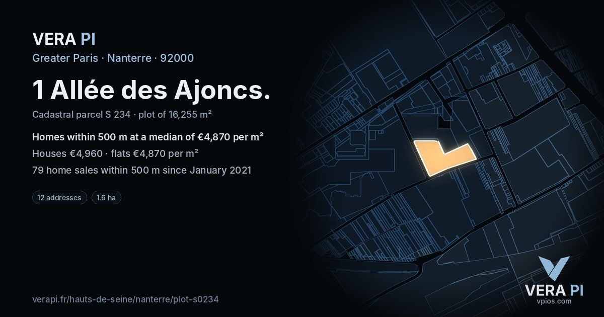 1 Allée des Ajoncs, Nanterre at night – the plot lit, the parcels around coloured by the prices near them