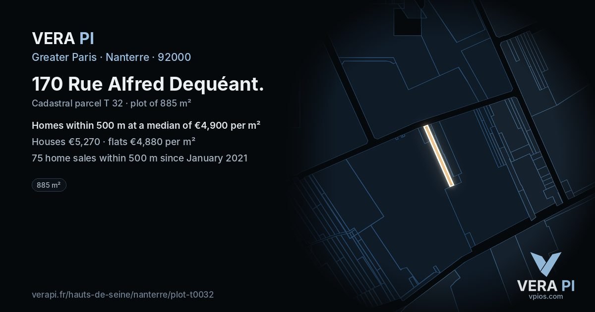 170 Rue Alfred Dequéant, Nanterre at night – the plot lit, the parcels around coloured by the prices near them