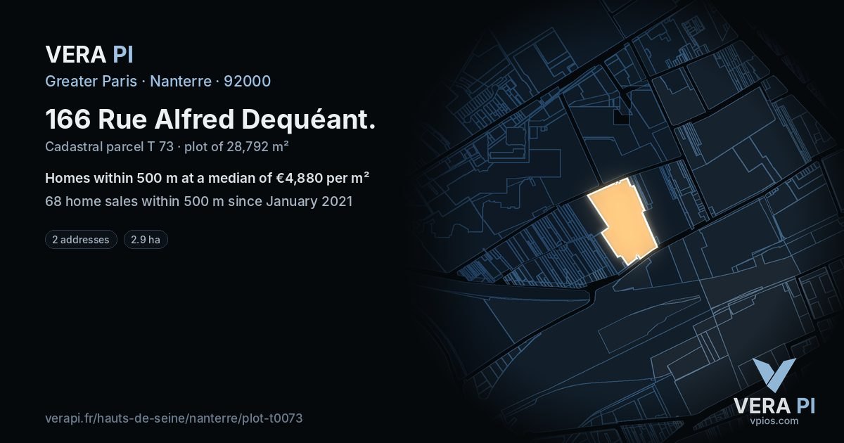 166 Rue Alfred Dequéant, Nanterre at night – the plot lit, the parcels around coloured by the prices near them