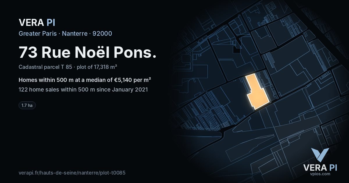 73 Rue Noël Pons, Nanterre at night – the plot lit, the parcels around coloured by the prices near them