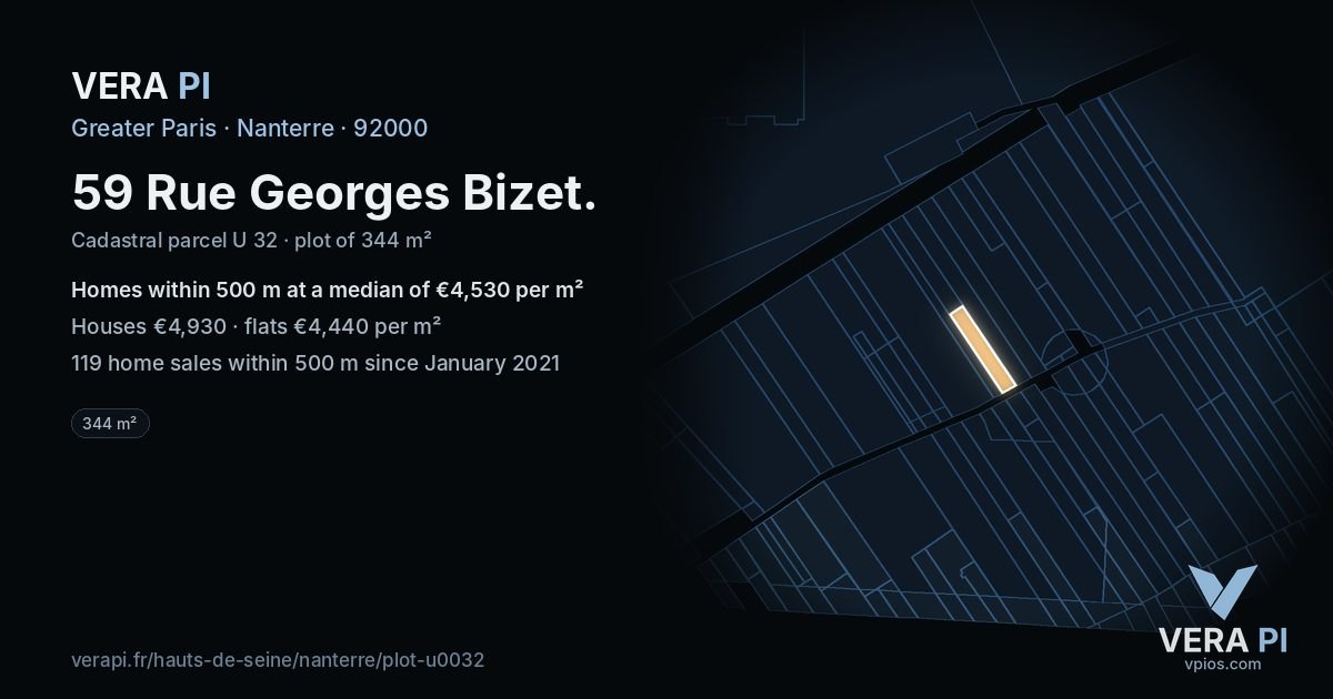 59 Rue Georges Bizet, Nanterre at night – the plot lit, the parcels around coloured by the prices near them