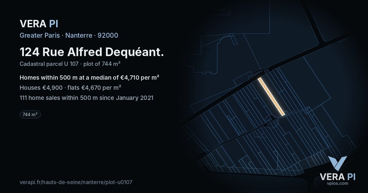 124 Rue Alfred Dequéant, Nanterre at night – the plot lit, the parcels around coloured by the prices near them