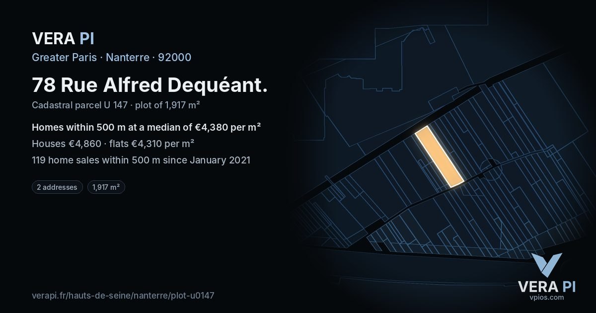78 Rue Alfred Dequéant, Nanterre at night – the plot lit, the parcels around coloured by the prices near them