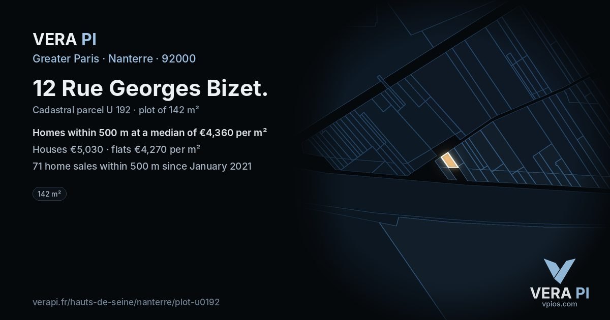 12 Rue Georges Bizet, Nanterre at night – the plot lit, the parcels around coloured by the prices near them