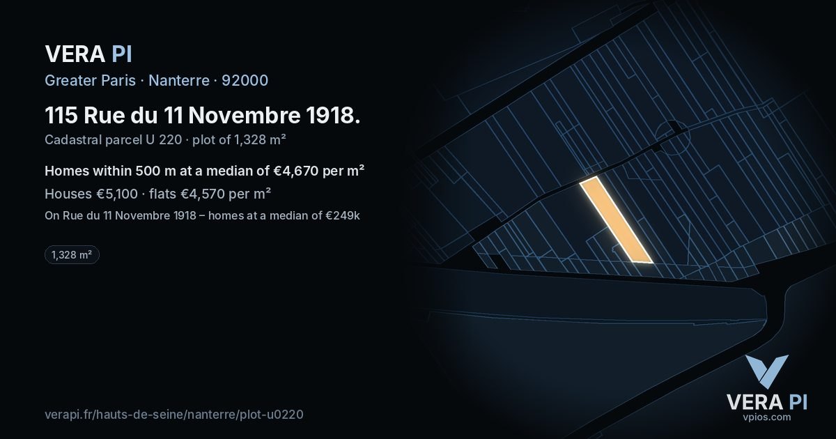 115 Rue du 11 Novembre 1918, Nanterre at night – the plot lit, the parcels around coloured by the prices near them