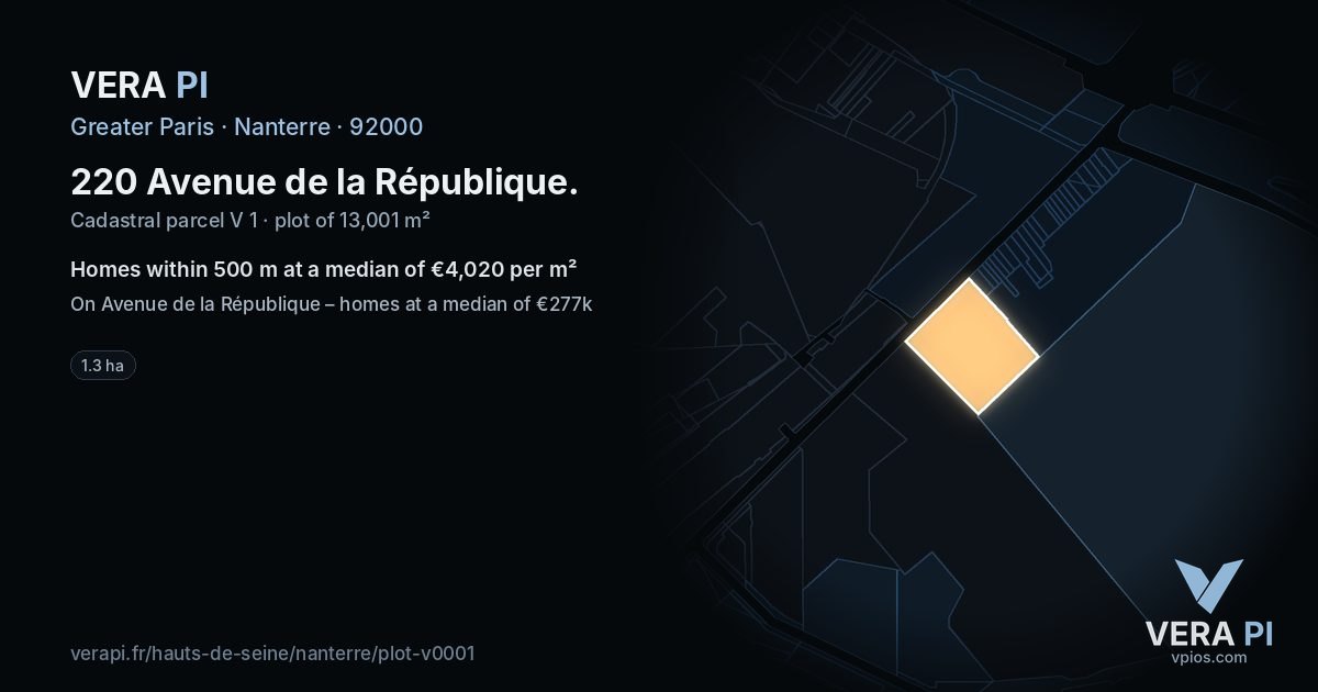 220 Avenue de la République, Nanterre at night – the plot lit, the parcels around coloured by the prices near them