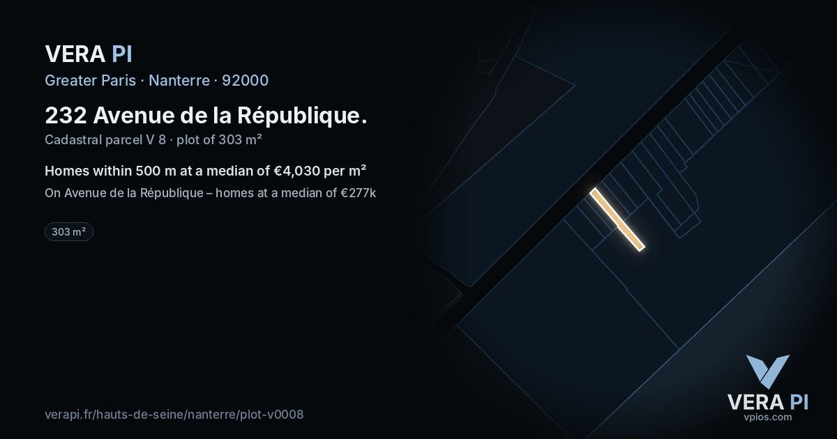 232 Avenue de la République, Nanterre at night – the plot lit, the parcels around coloured by the prices near them