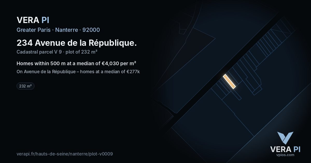 234 Avenue de la République, Nanterre at night – the plot lit, the parcels around coloured by the prices near them