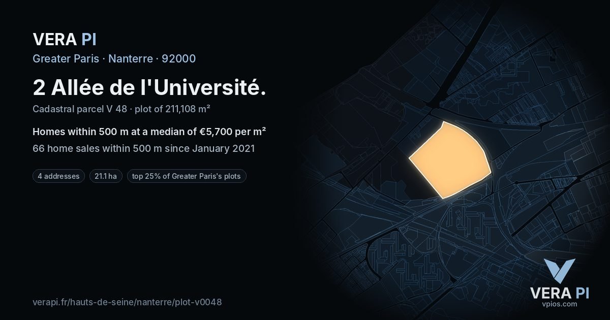 2 Allée de l'Université, Nanterre at night – the plot lit, the parcels around coloured by the prices near them