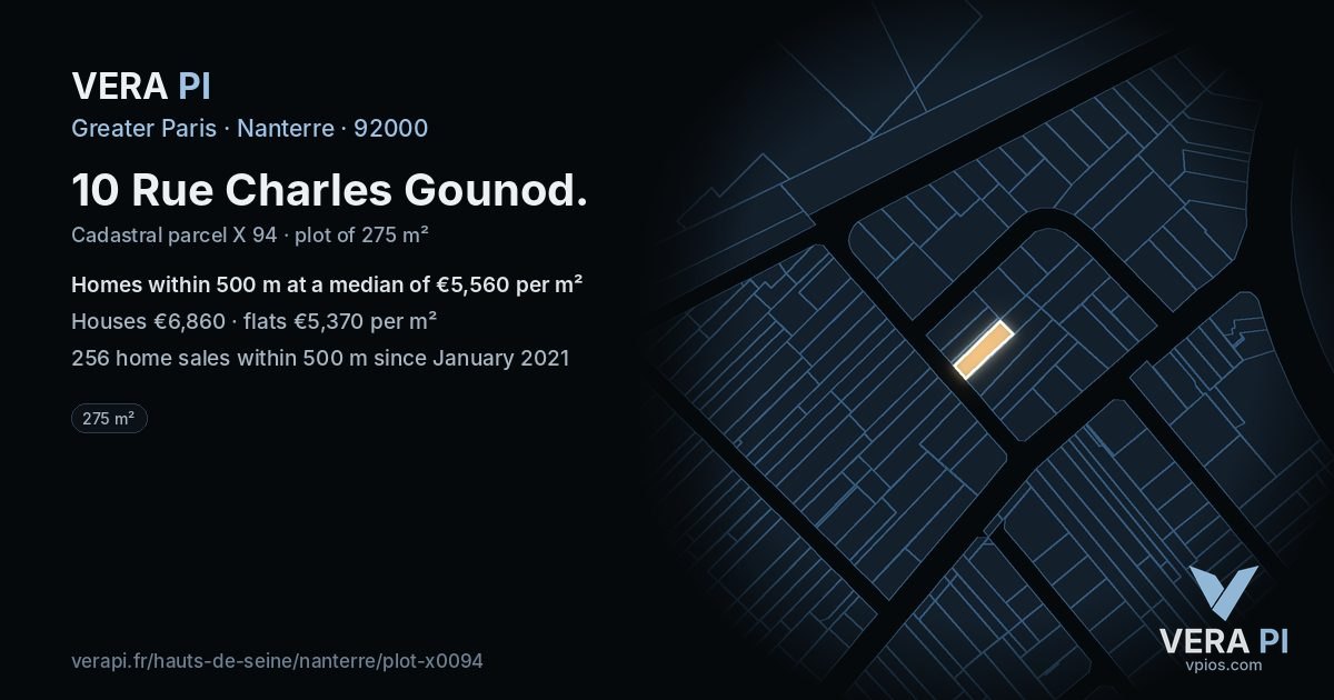 10 Rue Charles Gounod, Nanterre at night – the plot lit, the parcels around coloured by the prices near them