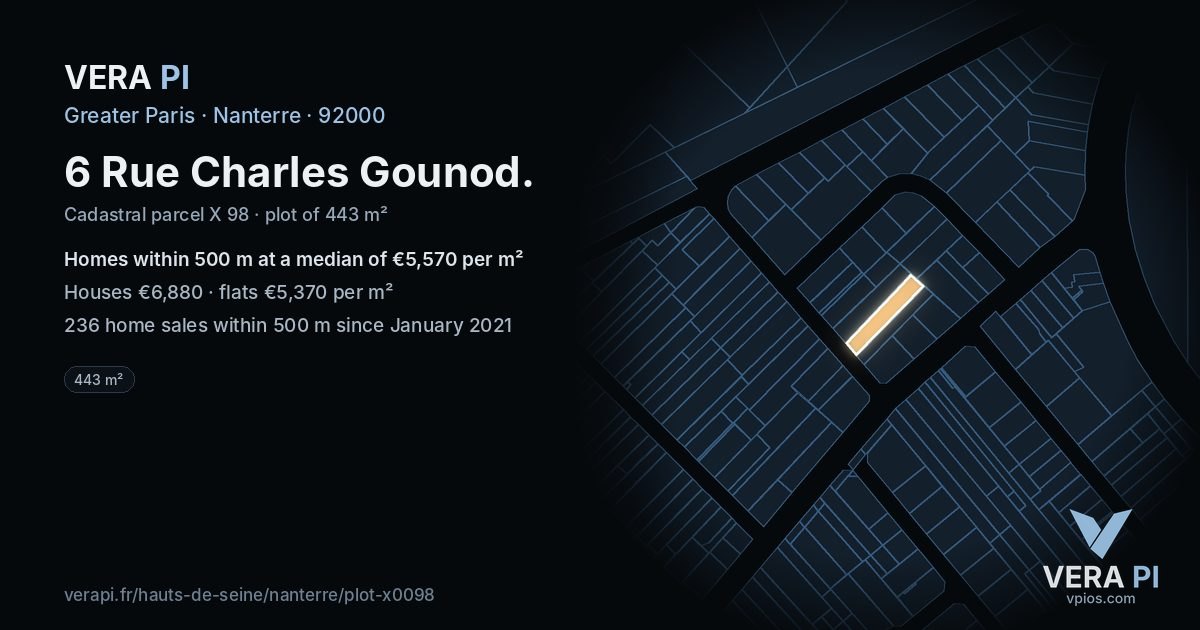 6 Rue Charles Gounod, Nanterre at night – the plot lit, the parcels around coloured by the prices near them