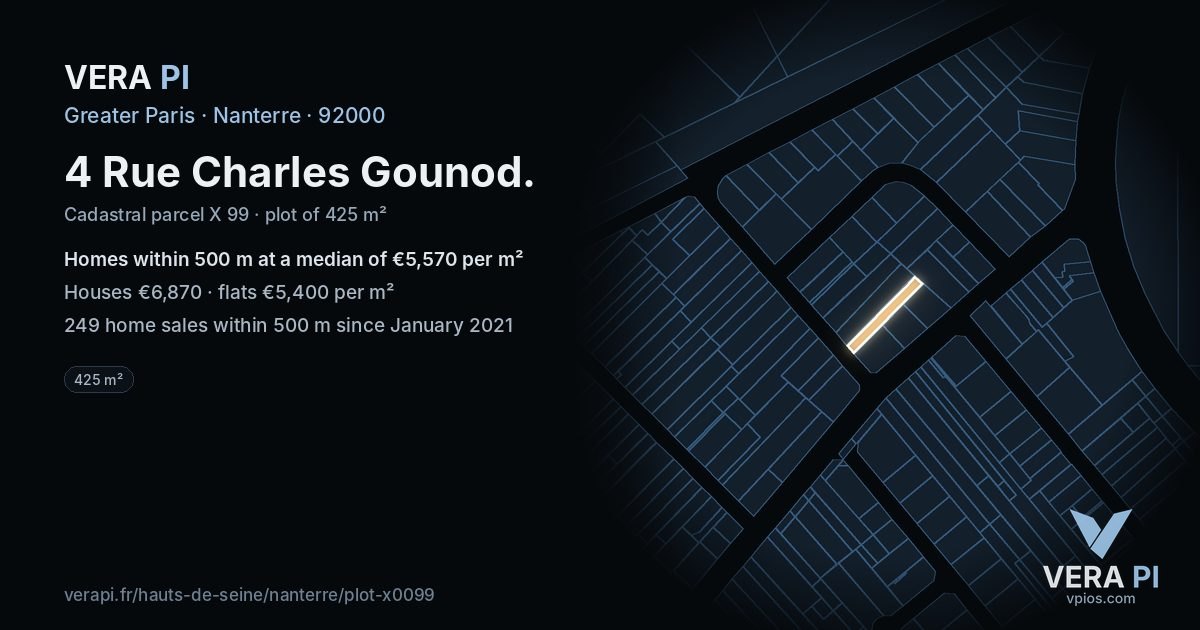 4 Rue Charles Gounod, Nanterre at night – the plot lit, the parcels around coloured by the prices near them