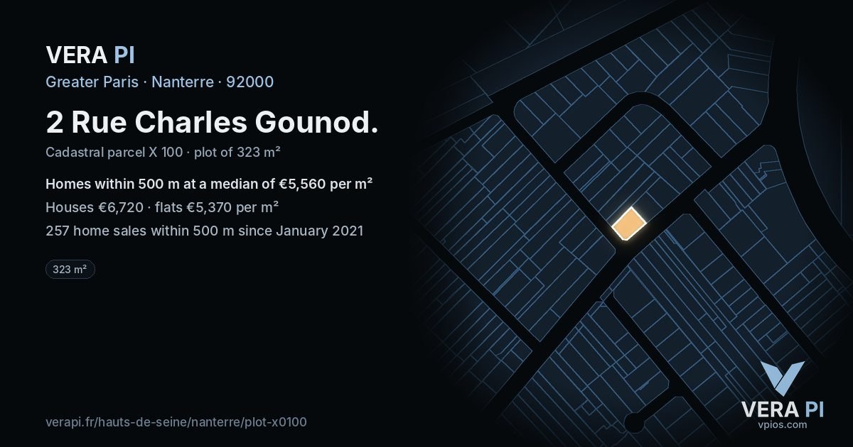 2 Rue Charles Gounod, Nanterre at night – the plot lit, the parcels around coloured by the prices near them