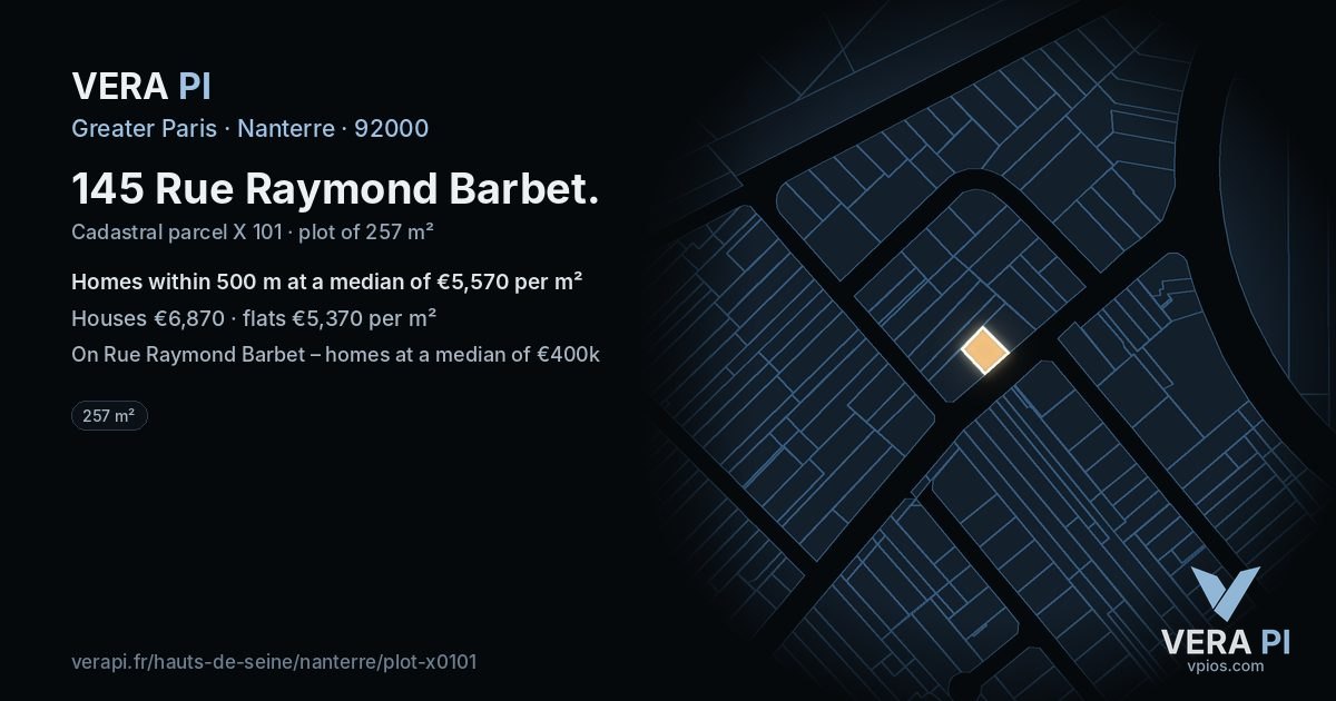 145 Rue Raymond Barbet, Nanterre at night – the plot lit, the parcels around coloured by the prices near them