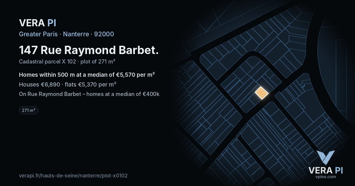 147 Rue Raymond Barbet, Nanterre at night – the plot lit, the parcels around coloured by the prices near them